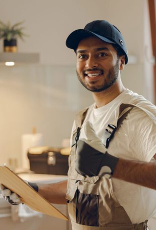 Portrait of young smiling repairman standing with clipboard and showing sign Ok in kitchen at home
